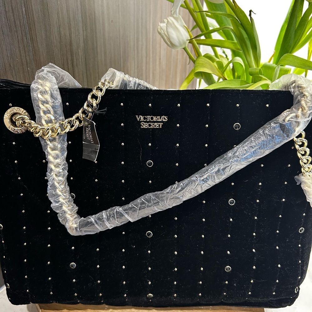 Victoria's Secret Black and Gold Tote Bag with Quilted Fabric and Gold Hardware